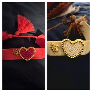 Beaded Heart Adjustable Cloth Bracelet  - Pink & Cream